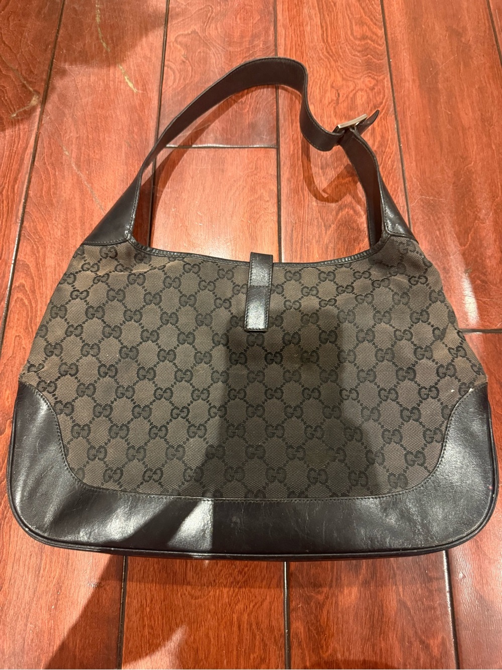 Vintage Gucci Jackie GG Canvas and Dark black Leather Shoulder Bag - Picture 2 of 3